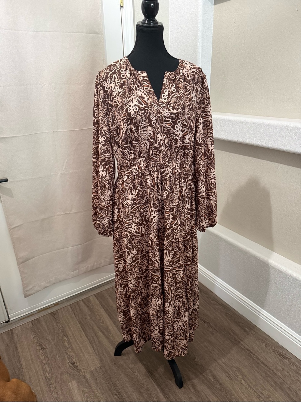 NWT Grace Karin Brown & Blush Paisley Midi Dress Long Sleeve Smocked Waist XL